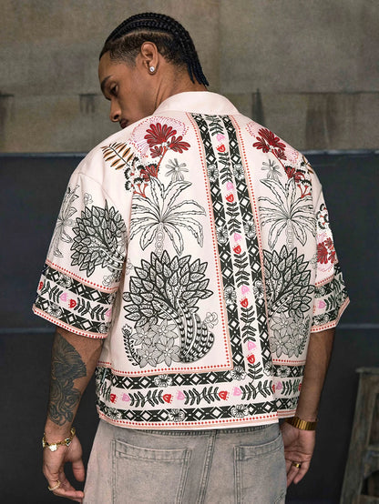 Ethnic Pattern Boxy Fit Short Sleeve Shirt White