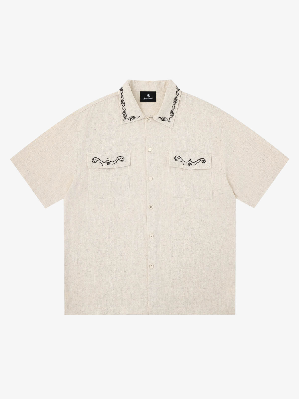 Revelse™  Textured Linen Blend Embroidered Short Sleeve Shirt