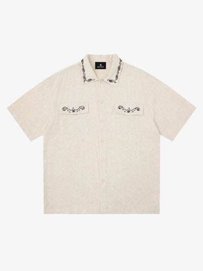 Revelse™  Textured Linen Blend Embroidered Short Sleeve Shirt