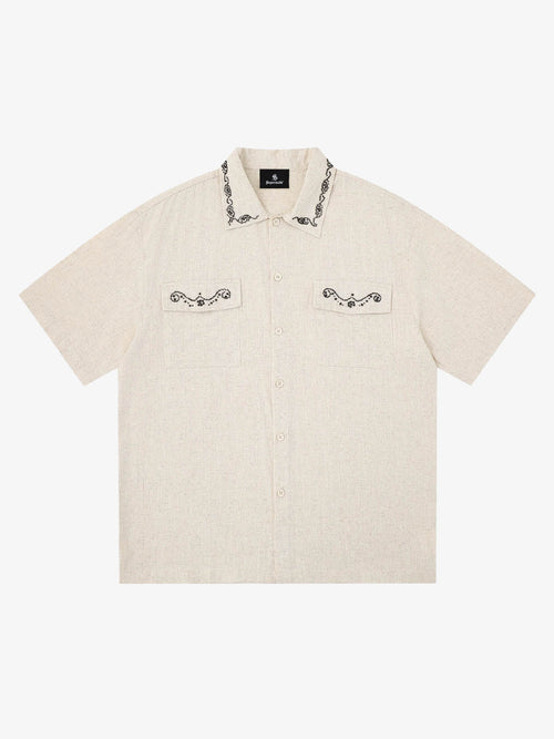 Revelse™  Textured Linen Blend Embroidered Short Sleeve Shirt