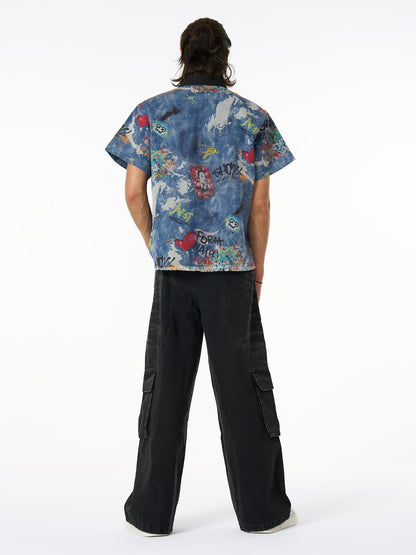 Tie-Dye Denim Polo T-Shirt with Graffiti Print