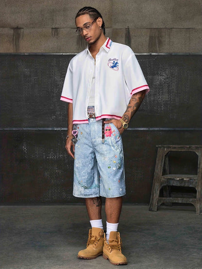 Men's Denim Print Crop Shirt Short Sleeve Casual