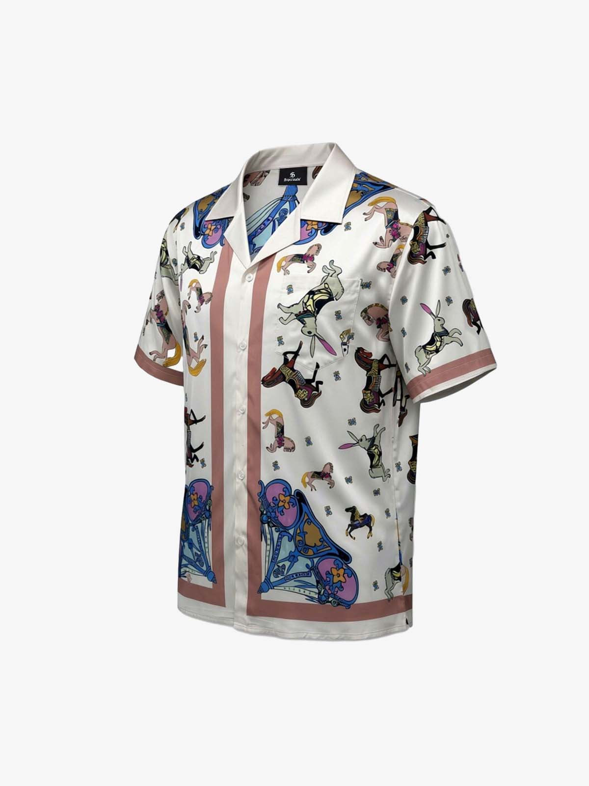 Revelse™  Satin Camp Collar Boxy Shirt Carousel Animal Print