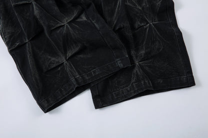 Washed Distressed Pleated Baggy Jeans