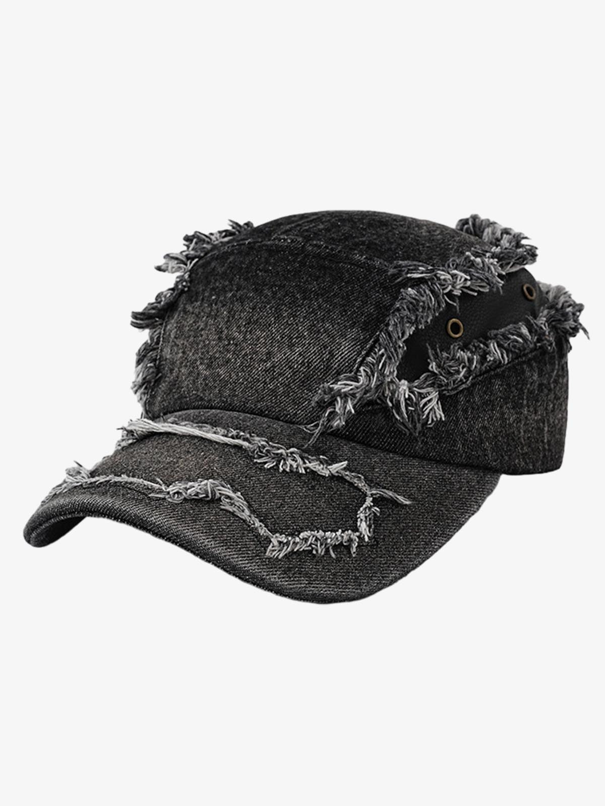 Side view of distressed denim baseball cap with curved peak