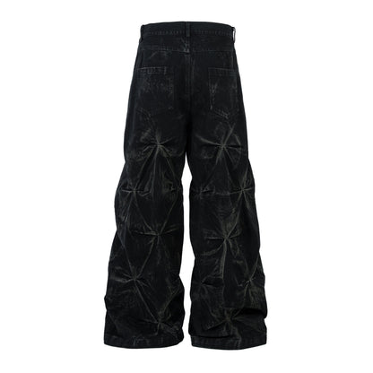 Washed Distressed Pleated Baggy Jeans