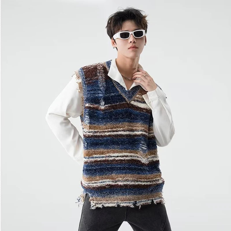 Baggy Knitted Sweater Vest Vintage Gradient Stripe Washed