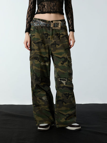 Woven Ripped Camouflage Cargo Baggy Pants
