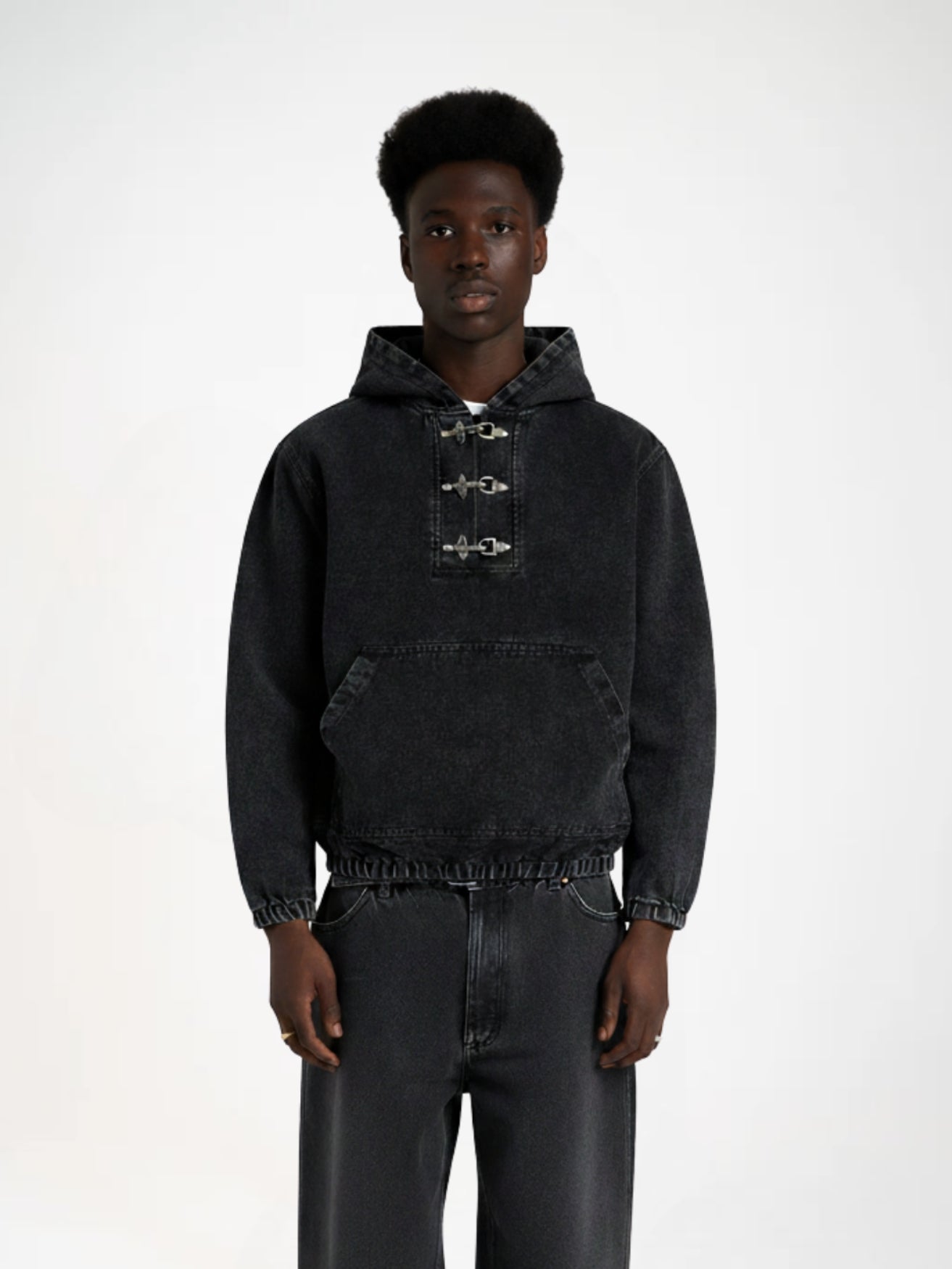 Washed Denim Toggle Front Hoodie Black