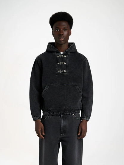 Washed Denim Toggle Front Hoodie Black