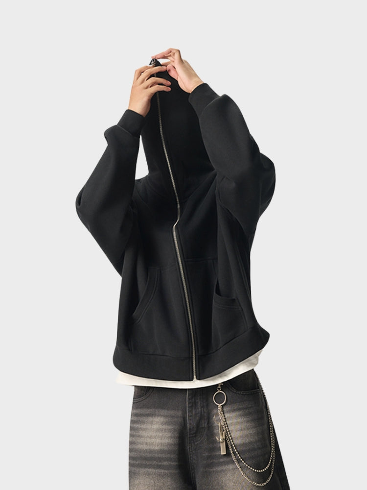 Full-Zip Fleece Hoodie Black Loose Fit