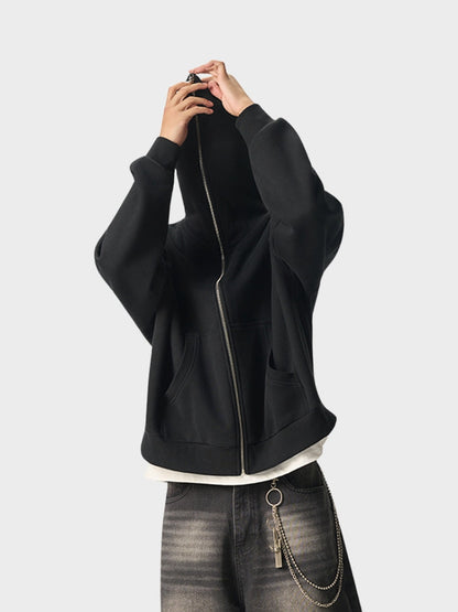 Full-Zip Fleece Hoodie Black Loose Fit