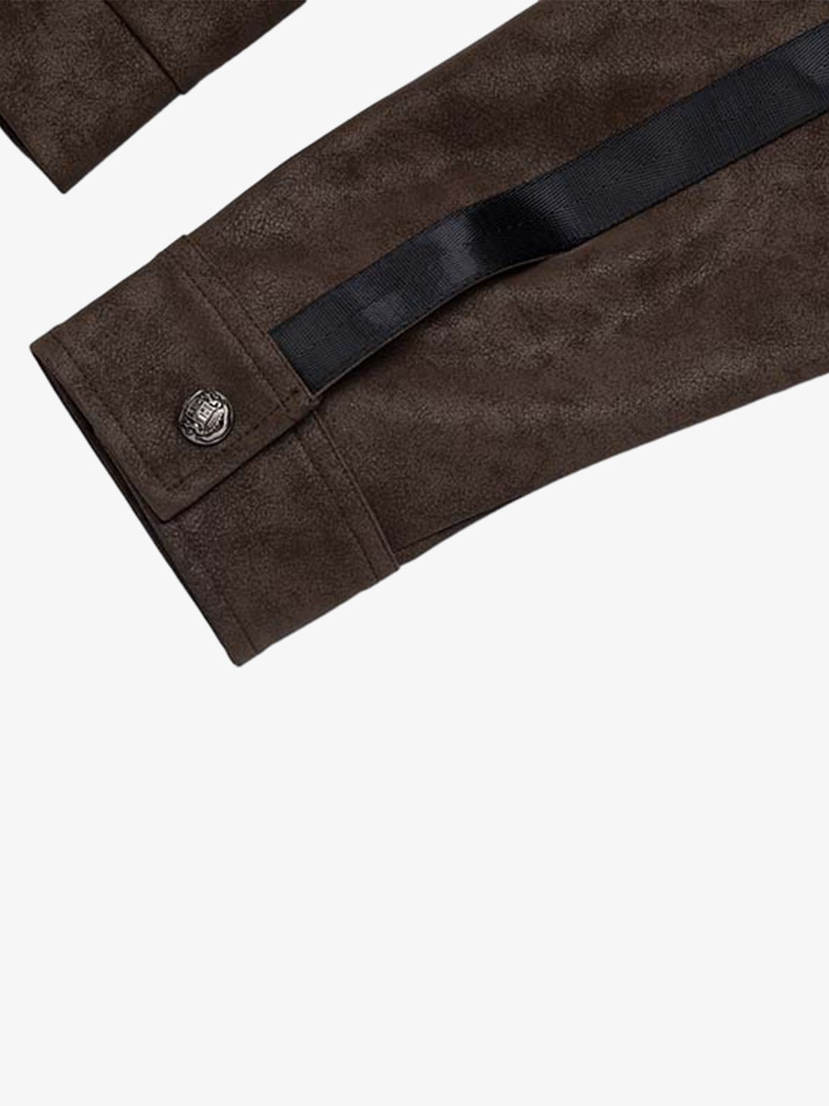 Three-quarter view of the deconstructed brown patchwork cropped jacket