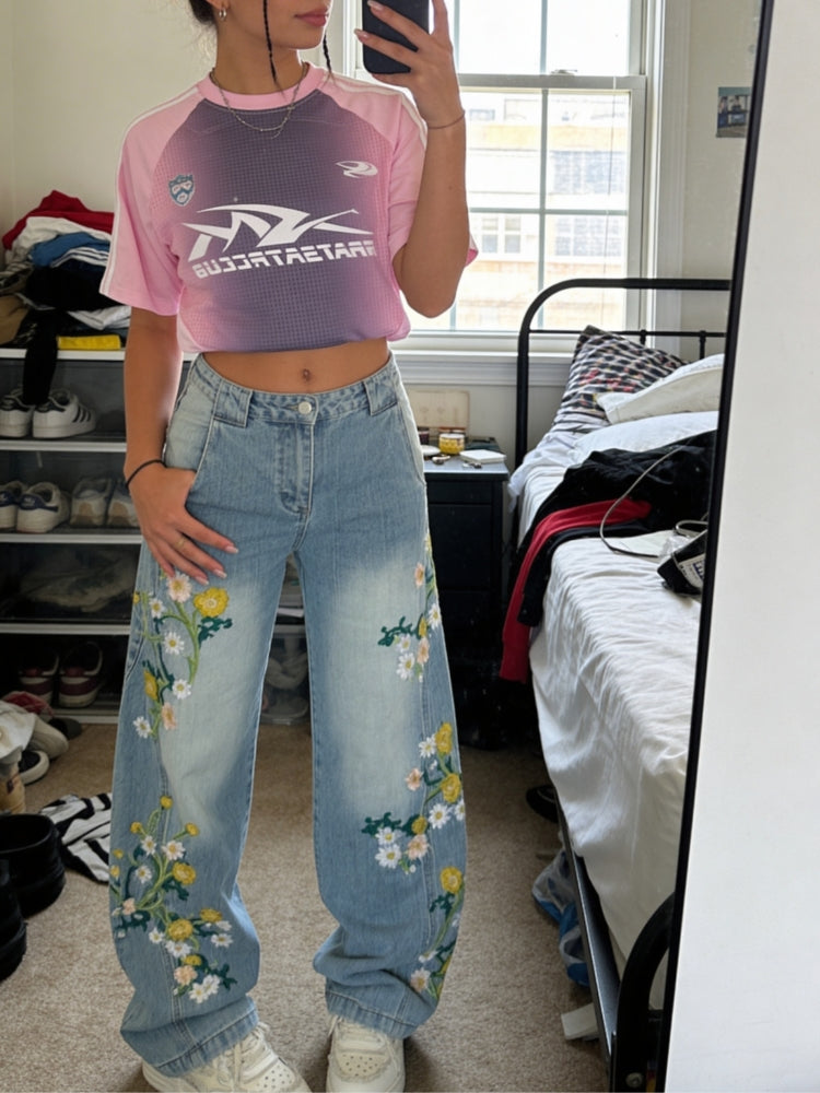 Revelse™ Baggy Wide-Leg Cotton Blend Denim Jeans Floral Embroidered