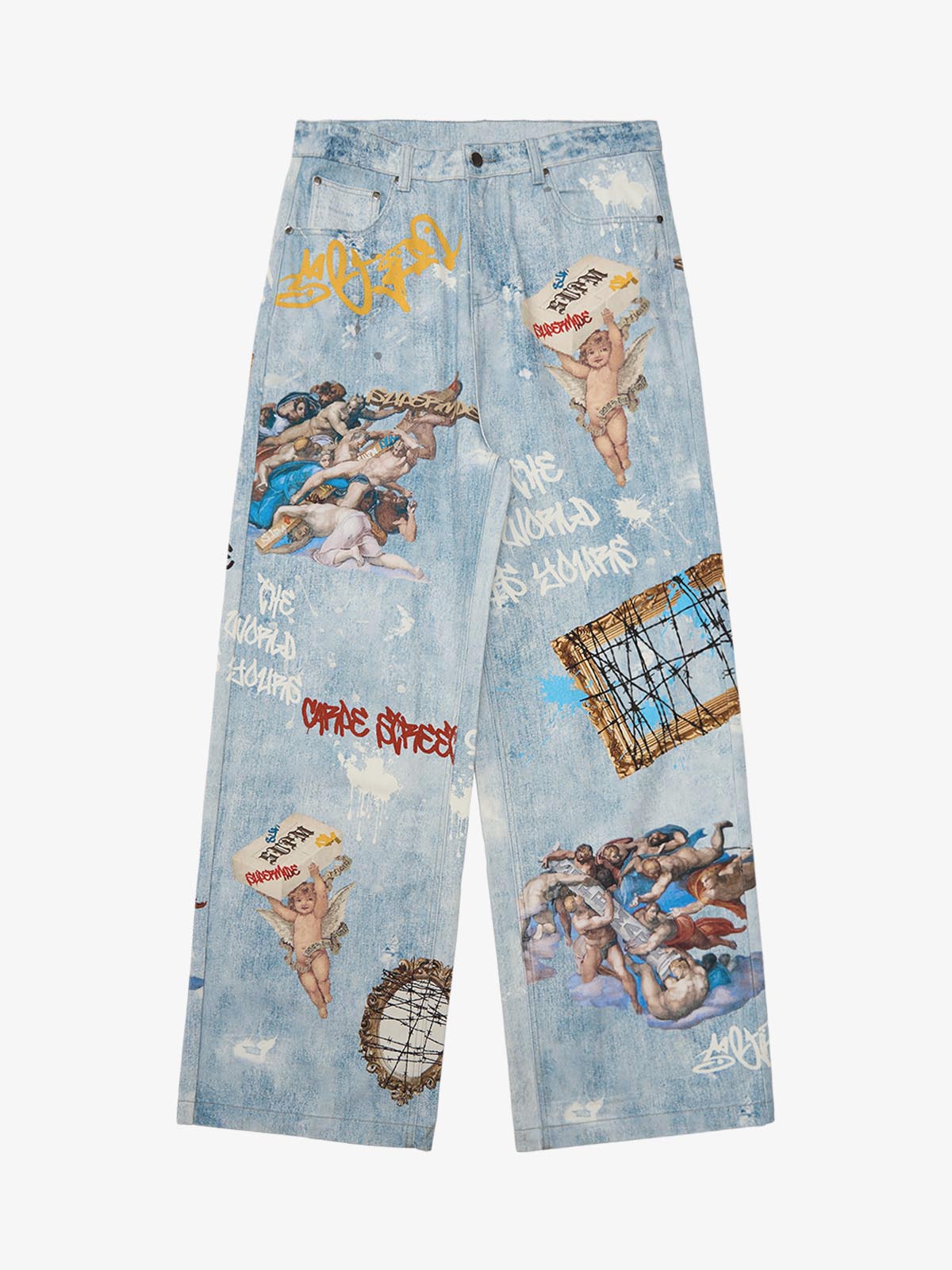 Retro Graffiti Angelic Print Baggy Jeans