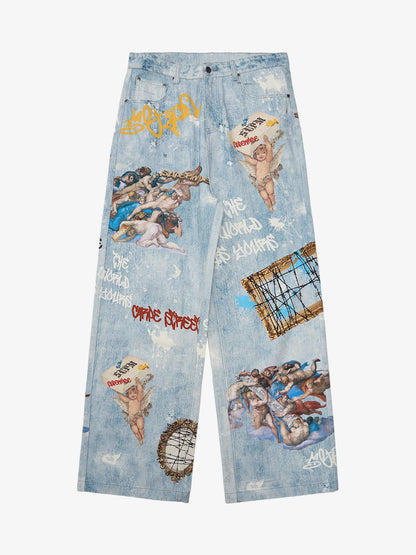 Retro Graffiti Angelic Print Baggy Jeans