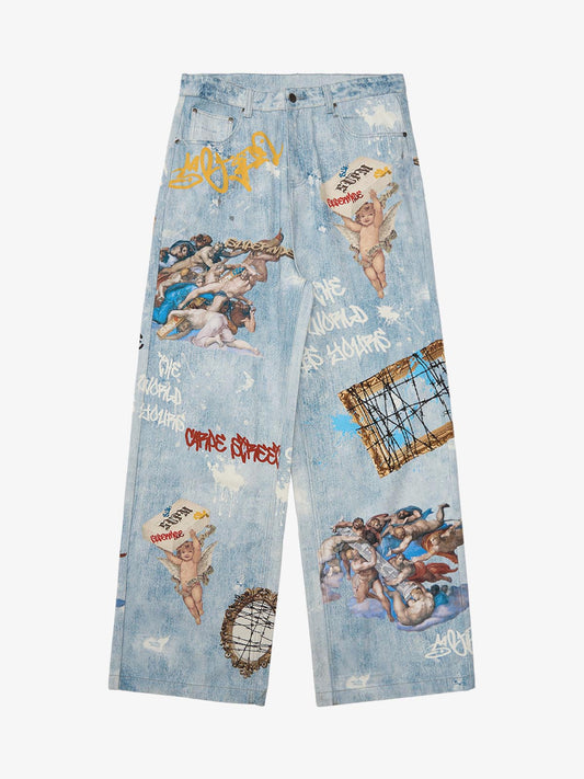 Retro Graffiti Angelic Print Baggy Jeans