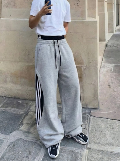 Wide-Leg Cotton Joggers with Side Stripe Panels