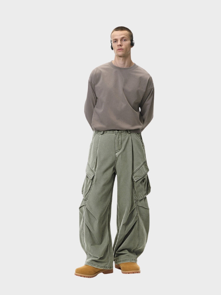 Oversized Wrinkled Cargo Denim Pants Elastic Waist