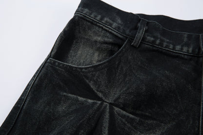 Washed Distressed Pleated Baggy Jeans