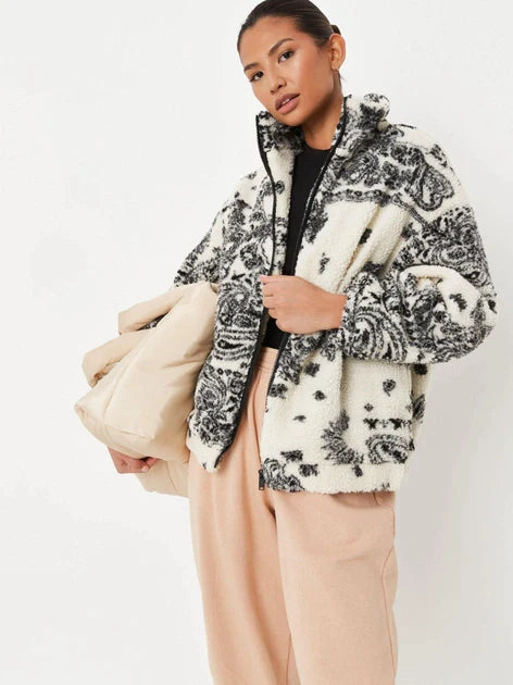 Lamb Fleece Jacket Paisley Pattern Loose Fit
