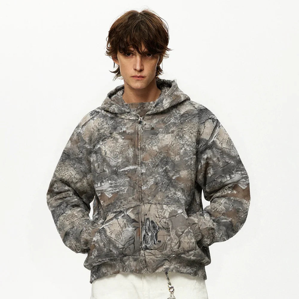 Camouflage Zip-Up Hoodie with Woodland Print