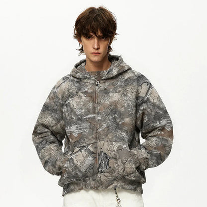 Camouflage Zip-Up Hoodie with Woodland Print