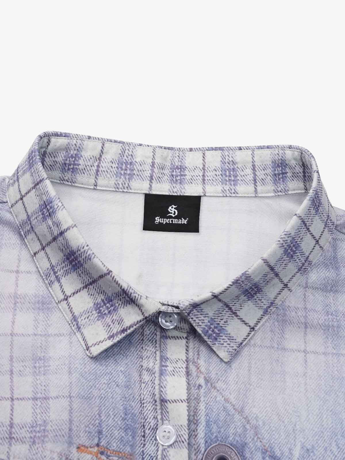 Revelse™ Vintage Washed Plaid Denim Texture Shirt Blue