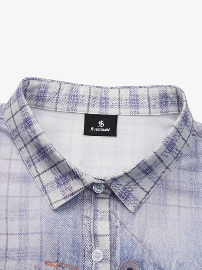 Revelse™ Vintage Washed Plaid Denim Texture Shirt Blue