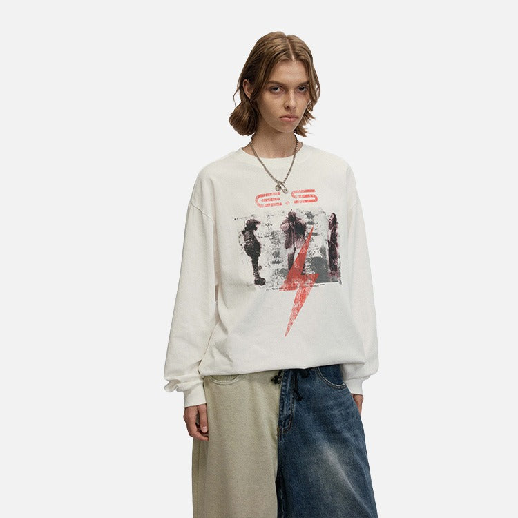 Oversized Abstract Lightning Graphic Long Sleeve T-Shirt