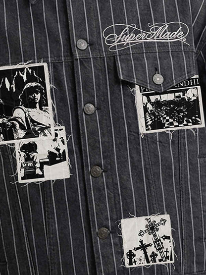 Vintage Pinstripe Patchwork Baggy Denim Set
