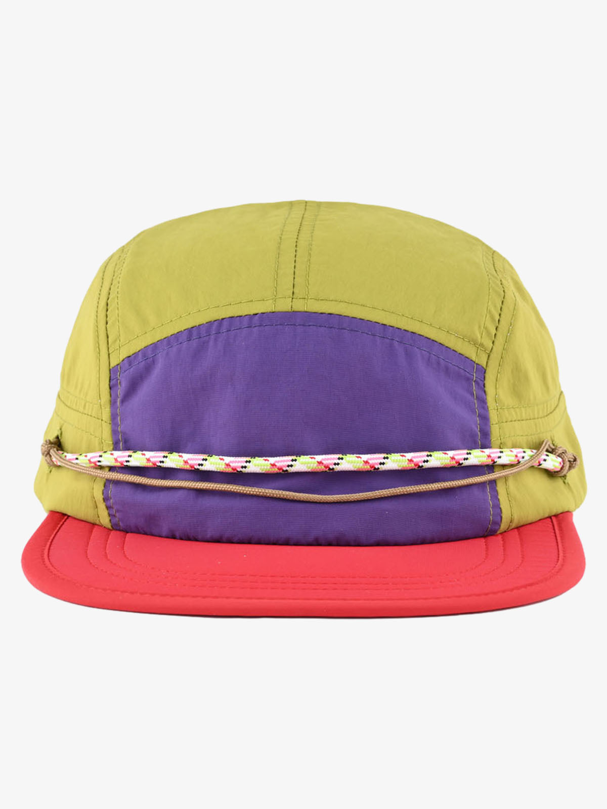 Side view of 5-panel cap with beaded adjustable strap detail
