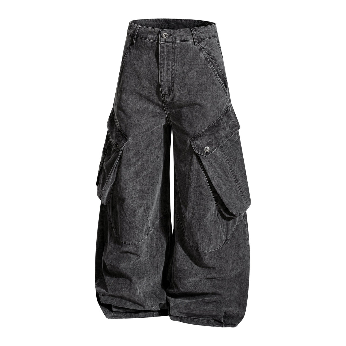 Back view of heavy cotton cargo trousers with relaxed wide-leg fit