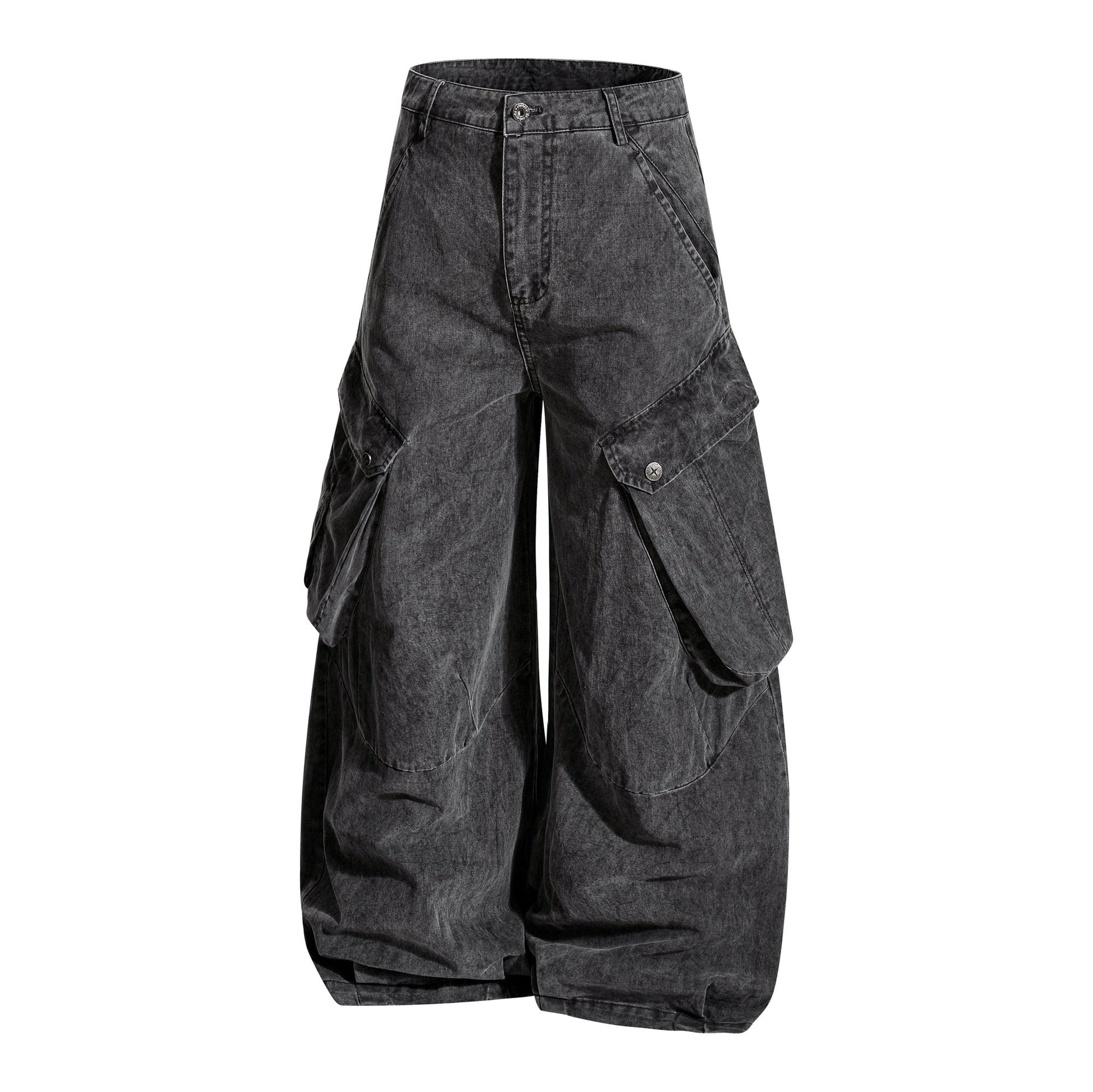 Back view of heavy cotton cargo trousers with relaxed wide-leg fit