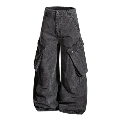 Back view of heavy cotton cargo trousers with relaxed wide-leg fit