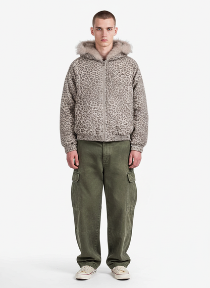 Cheetah Print Hooded Jacket with Faux Mink Fur Trim