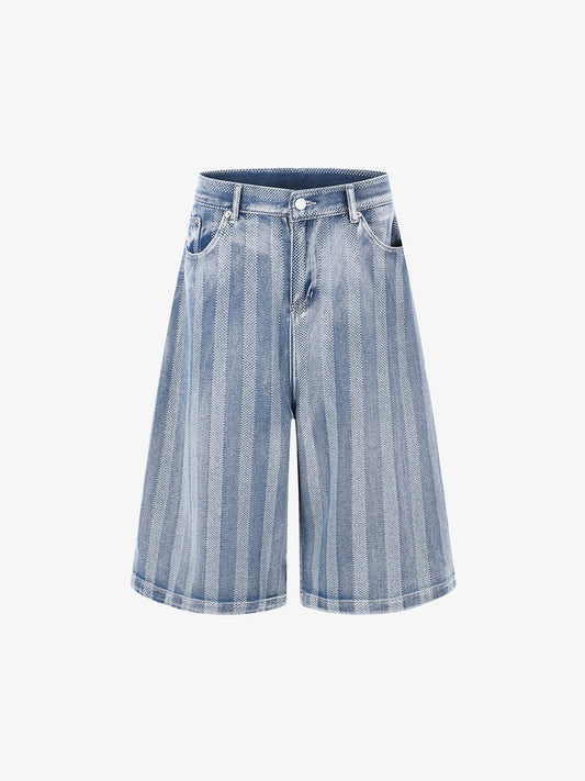 Front view of striped denim jorts in a wide-leg Bermuda length