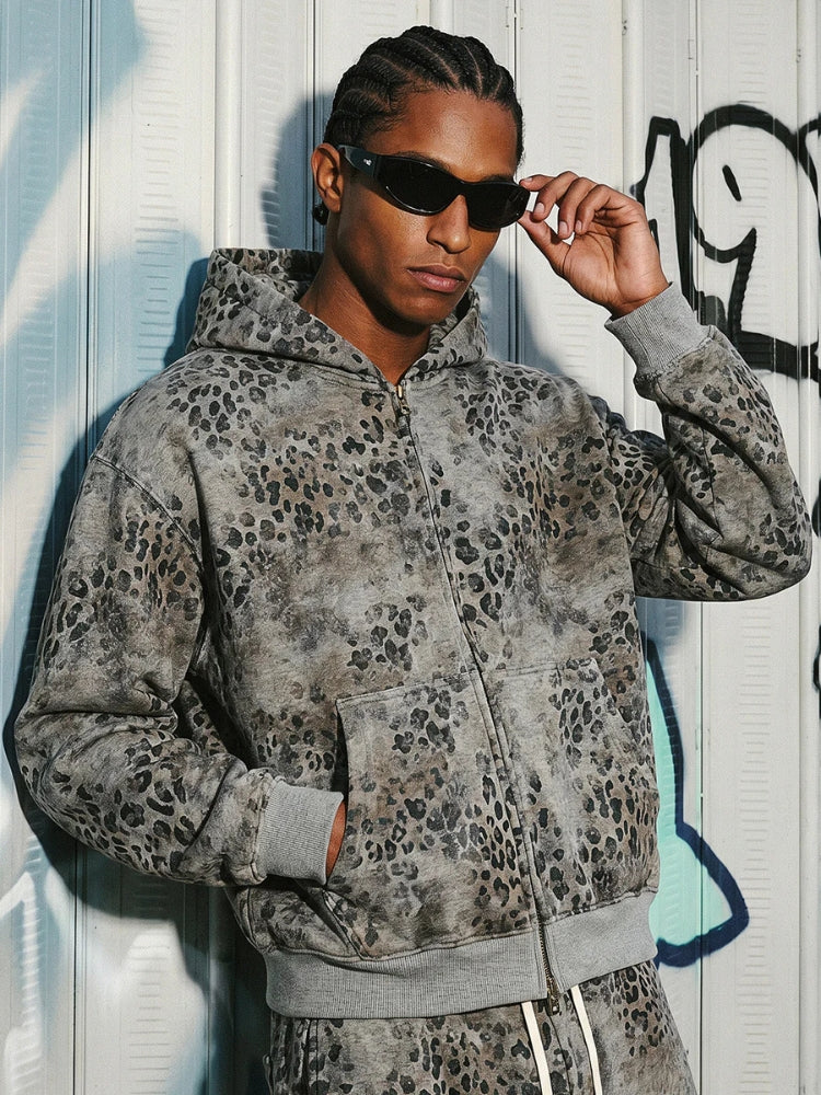 Leopard Print Vintage Washed Zip Hoodie Thick Cotton