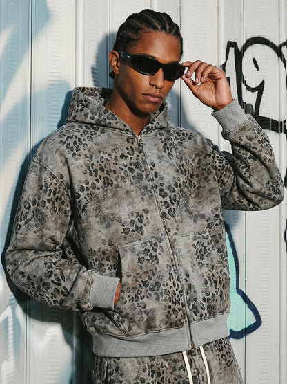 Leopard Print Vintage Washed Zip Hoodie Thick Cotton