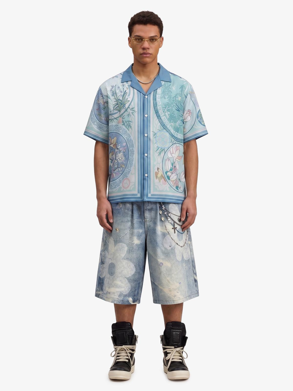 Revelse™  Silky Camp Collar Boxy Shirt Porcelain Floral Print