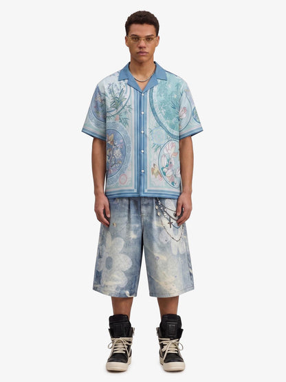Revelse™  Silky Camp Collar Boxy Shirt Porcelain Floral Print