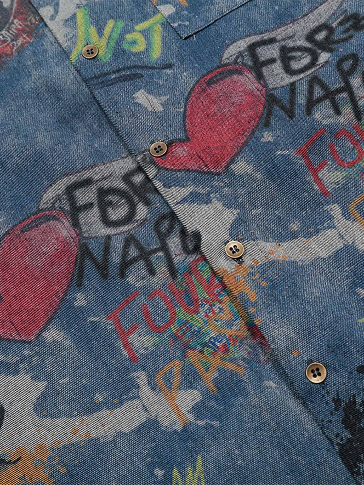 Tie-Dye Denim Polo T-Shirt with Graffiti Print
