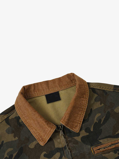 Close-up of the corduroy trim and washed camouflage denim texture