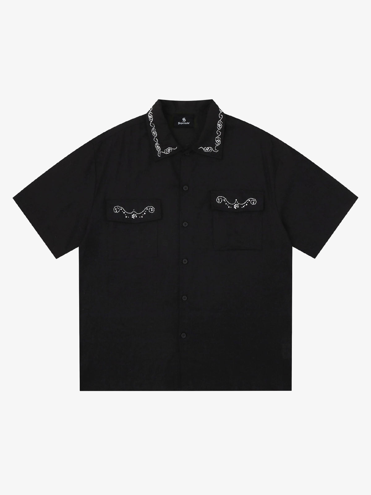 Revelse™  Textured Linen Blend Embroidered Short Sleeve Shirt