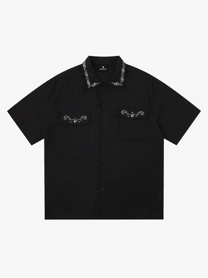 Revelse™  Textured Linen Blend Embroidered Short Sleeve Shirt
