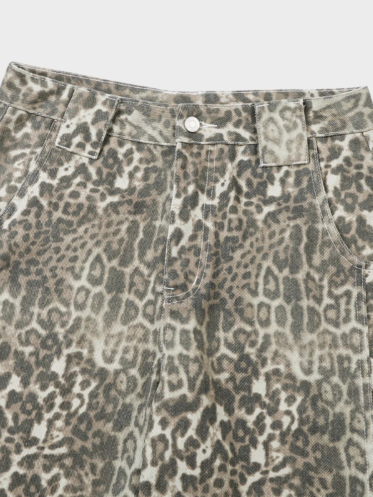 Leopard Print Baggy Denim Shorts