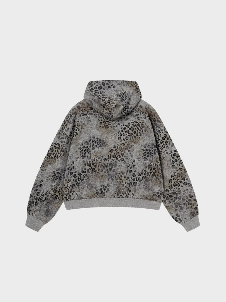 Leopard Print Vintage Washed Zip Hoodie Thick Cotton