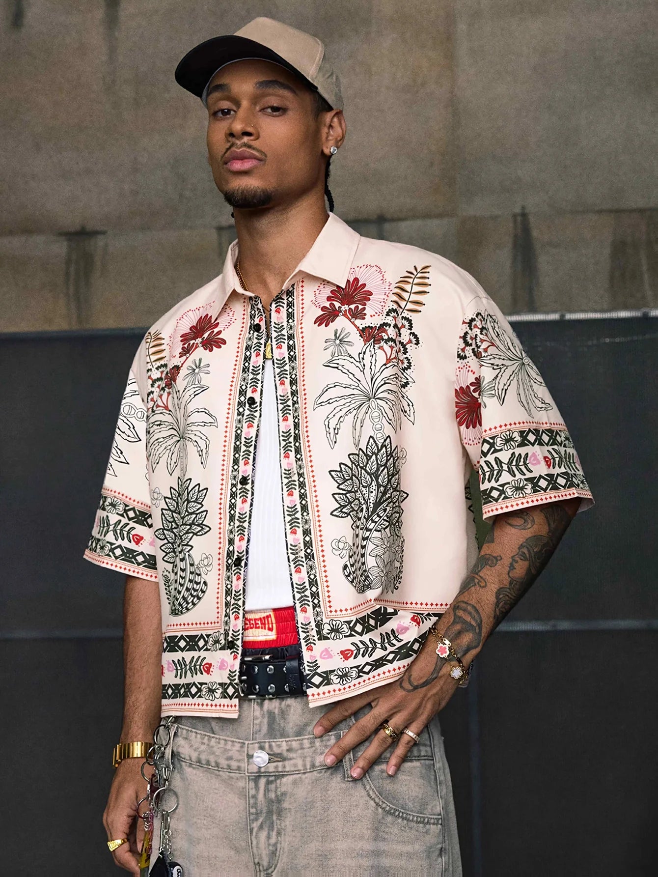 Ethnic Pattern Boxy Fit Short Sleeve Shirt White