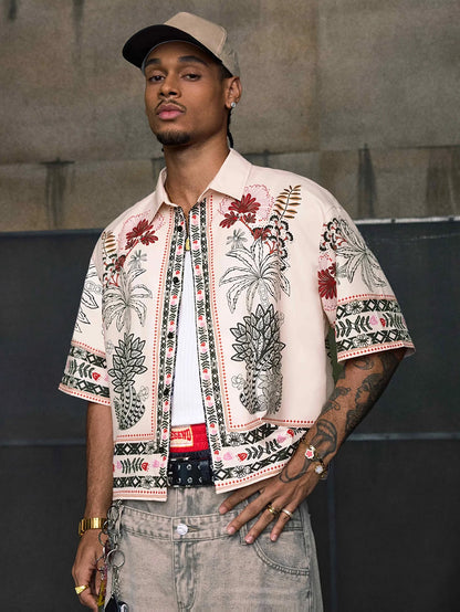 Ethnic Pattern Boxy Fit Short Sleeve Shirt White