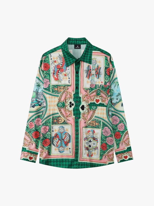 Front view of playing card print short sleeve Hawaiian shirt